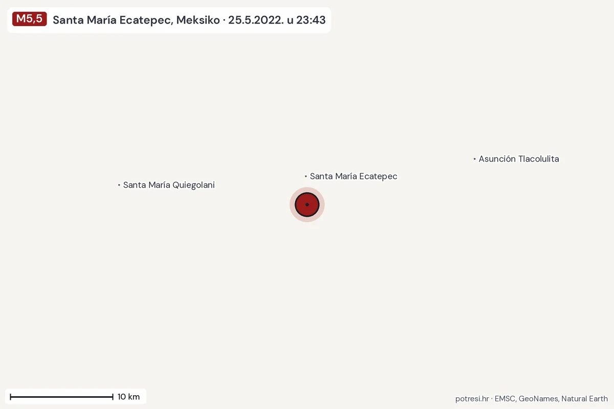 Karta: okolica epicentra, 60 km, potres M5,5, Santa María Ecatepec, Meksiko, 25.5.2022.