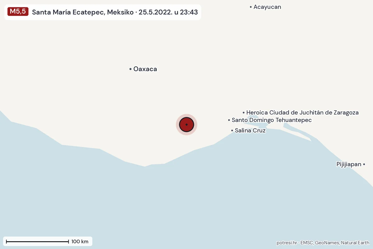 Karta: šire područje, 600 km, potres M5,5, Santa María Ecatepec, Meksiko, 25.5.2022.