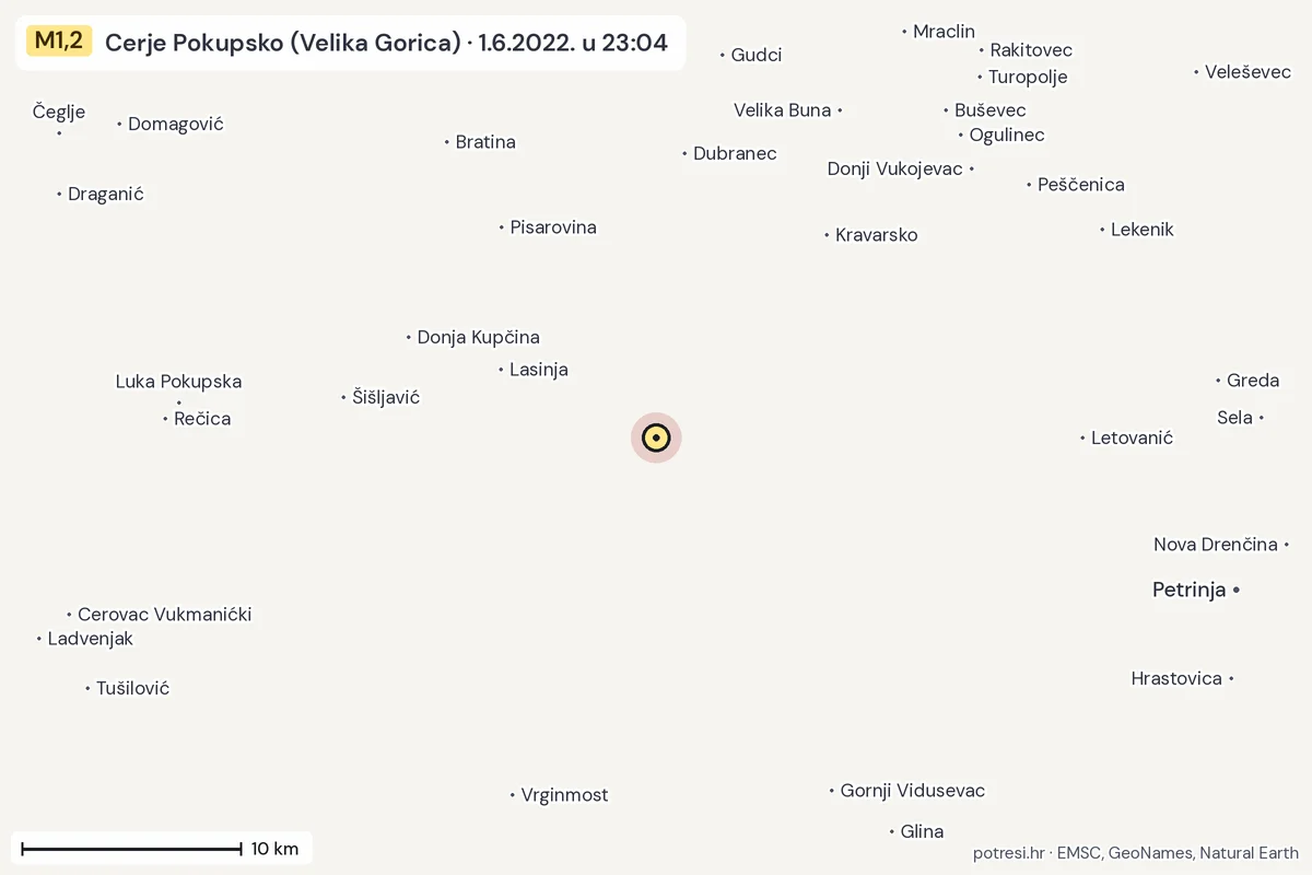 Karta: okolica epicentra, 60 km, potres M1,2, Cerje Pokupsko (Velika Gorica), 1.6.2022.