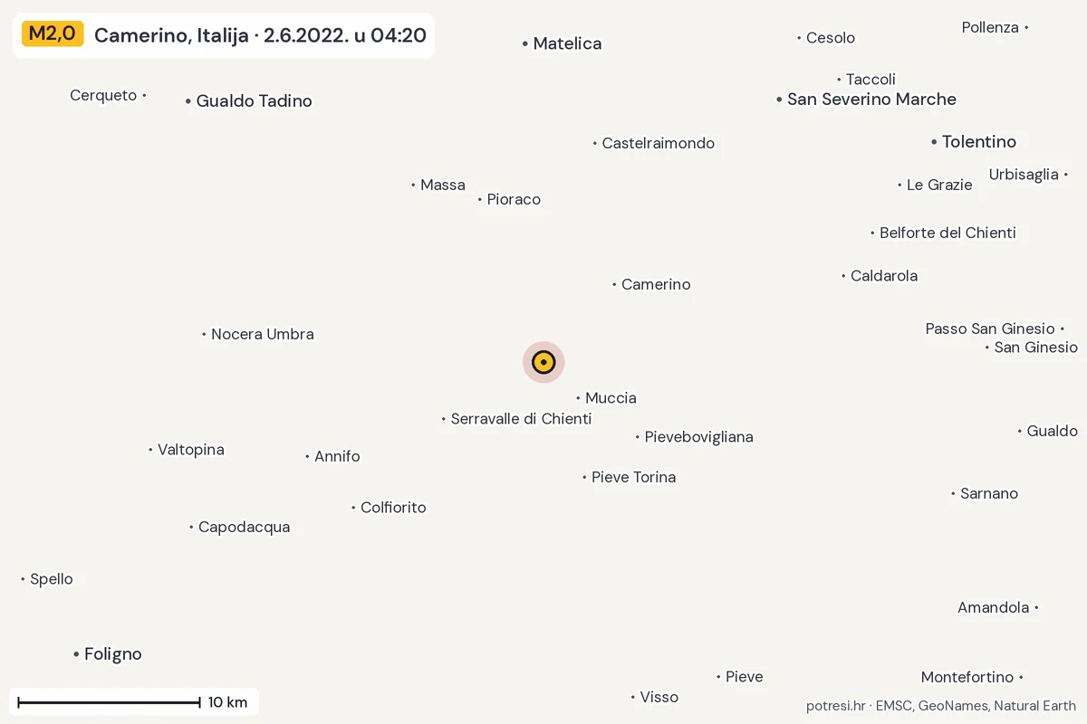 Karta: okolica epicentra, 60 km, potres M2,0, Camerino, Italija, 2.6.2022.