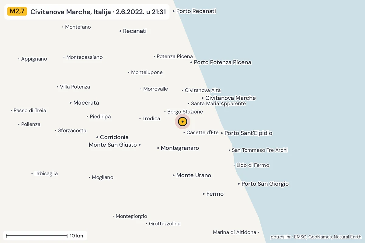 Karta: okolica epicentra, 60 km, potres M2,7, Civitanova Marche, Italija, 2.6.2022.
