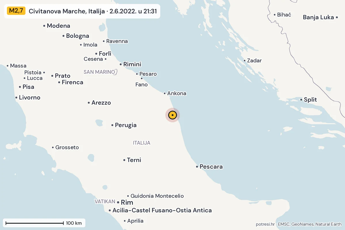 Karta: šire područje, 600 km, potres M2,7, Civitanova Marche, Italija, 2.6.2022.