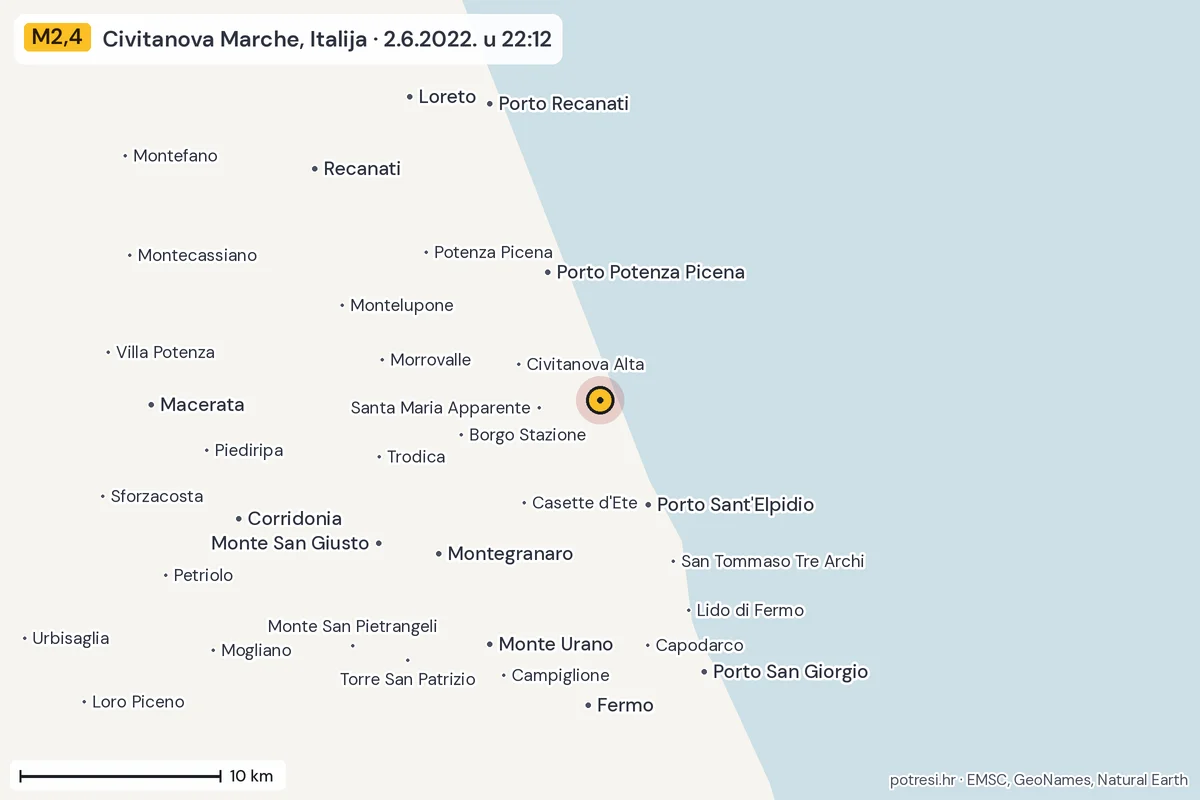 Karta: okolica epicentra, 60 km, potres M2,4, Civitanova Marche, Italija, 2.6.2022.