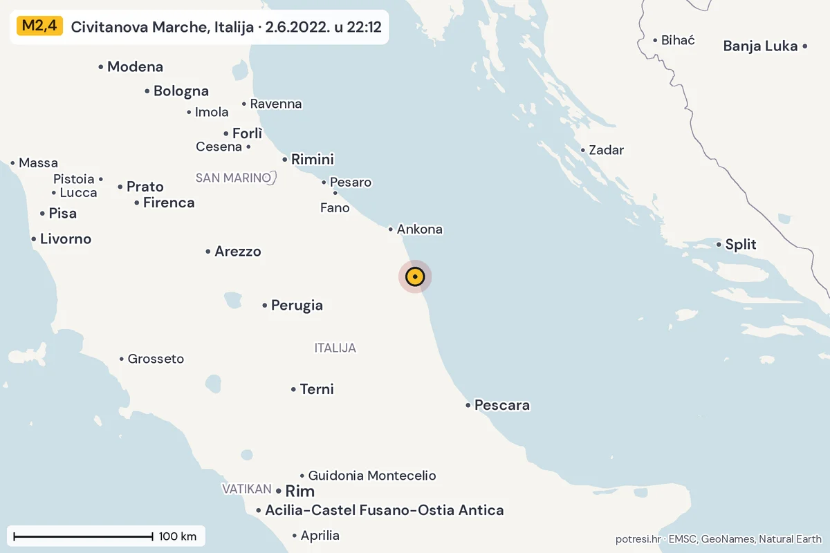 Karta: šire područje, 600 km, potres M2,4, Civitanova Marche, Italija, 2.6.2022.