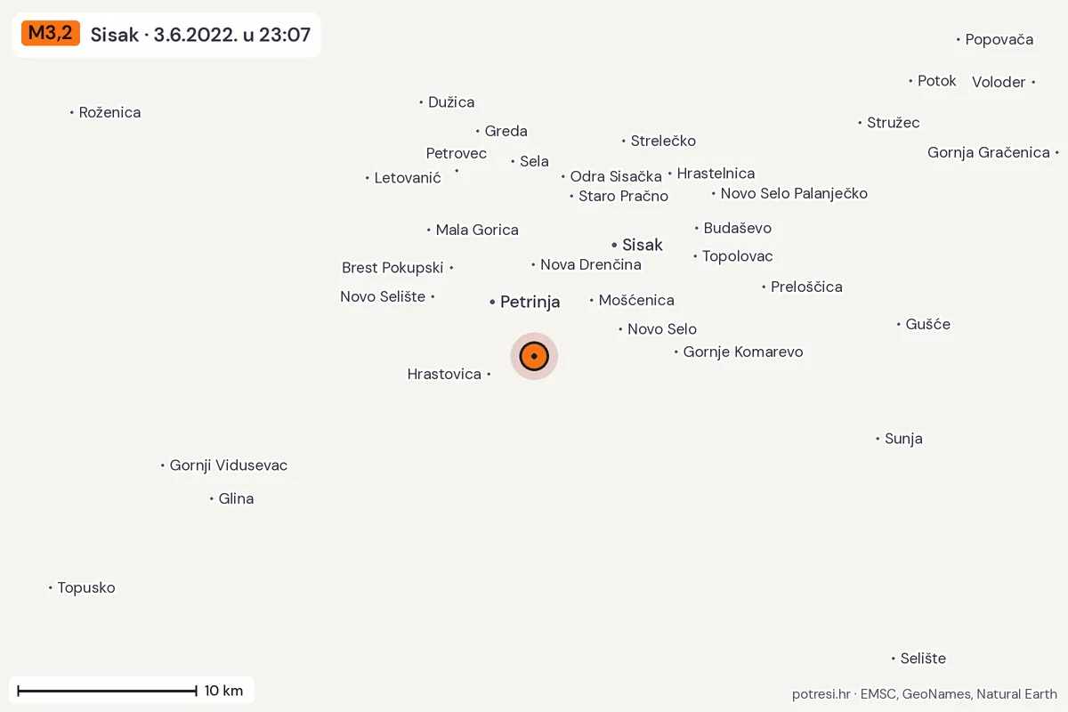 Karta: okolica epicentra, 60 km, potres M3,2, Sisak, 3.6.2022.