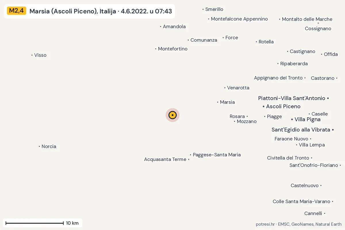 Karta: okolica epicentra, 60 km, potres M2,4, Marsia (Ascoli Piceno), Italija, 4.6.2022.
