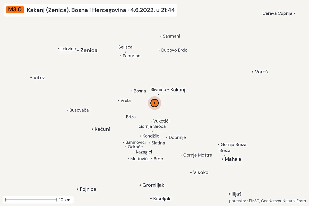 Karta: okolica epicentra, 60 km, potres M3,0, Kakanj (Zenica), Bosna i Hercegovina, 4.6.2022.