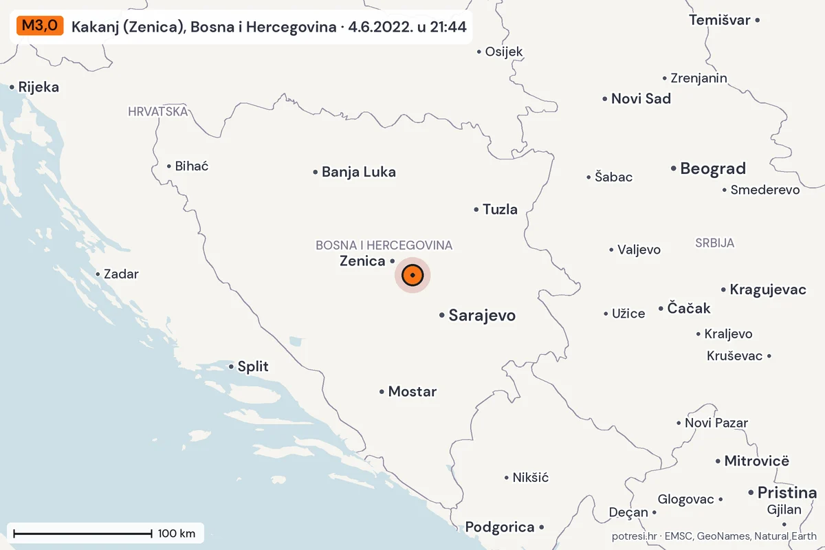 Karta: šire područje, 600 km, potres M3,0, Kakanj (Zenica), Bosna i Hercegovina, 4.6.2022.