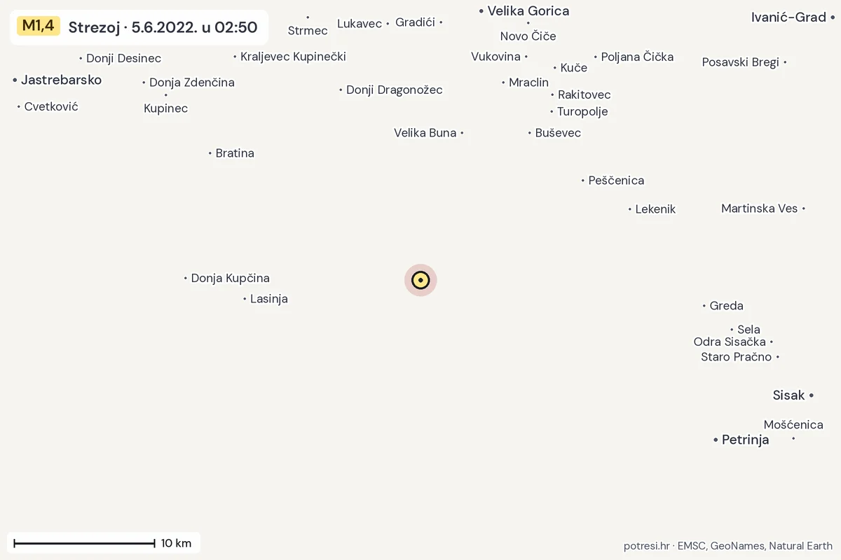 Karta: okolica epicentra, 60 km, potres M1,4, Strezoj, 5.6.2022.