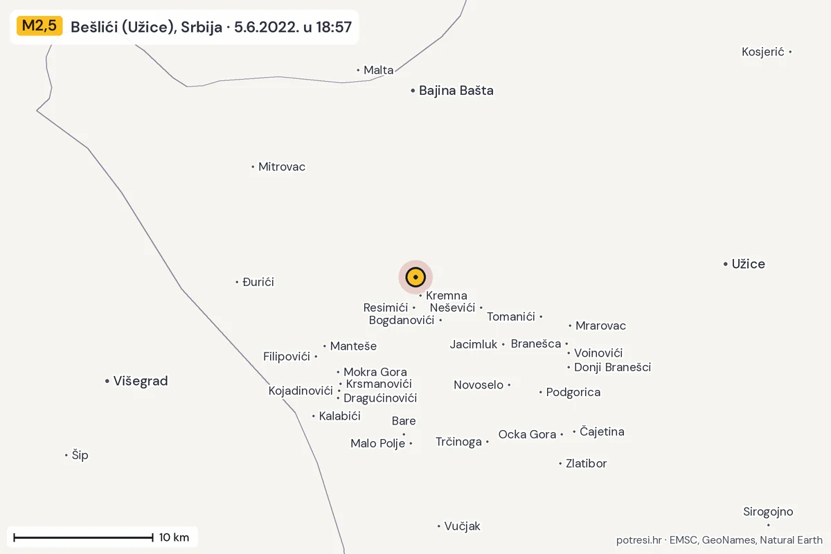 Karta: okolica epicentra, 60 km, potres M2,5, Bešlići (Užice), Srbija, 5.6.2022.