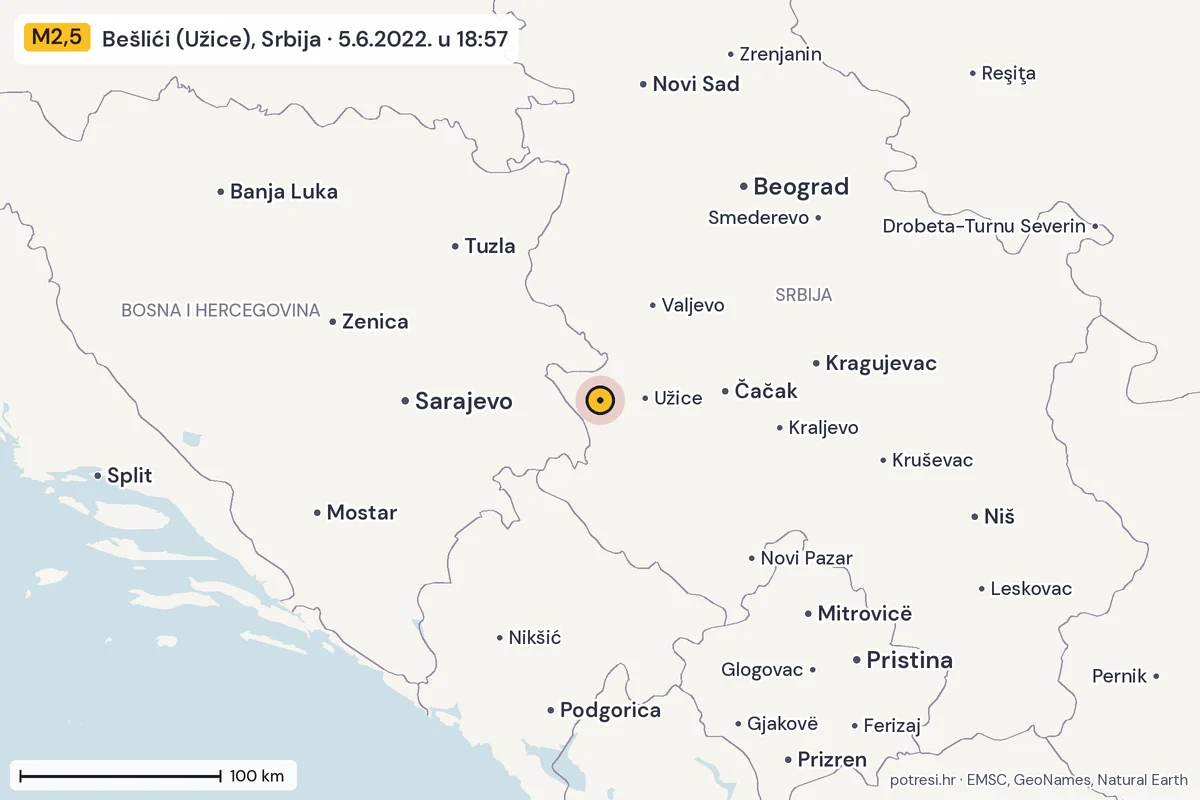 Karta: šire područje, 600 km, potres M2,5, Bešlići (Užice), Srbija, 5.6.2022.