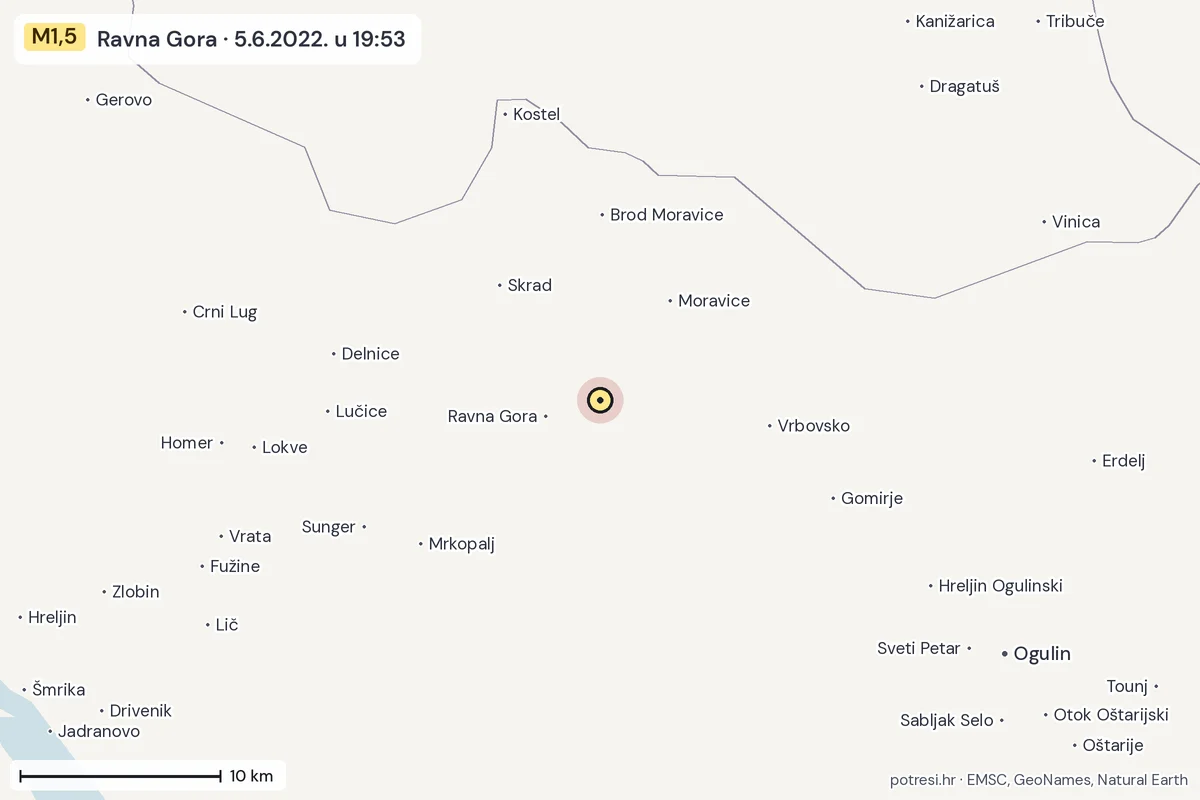 Karta: okolica epicentra, 60 km, potres M1,5, Ravna Gora, 5.6.2022.