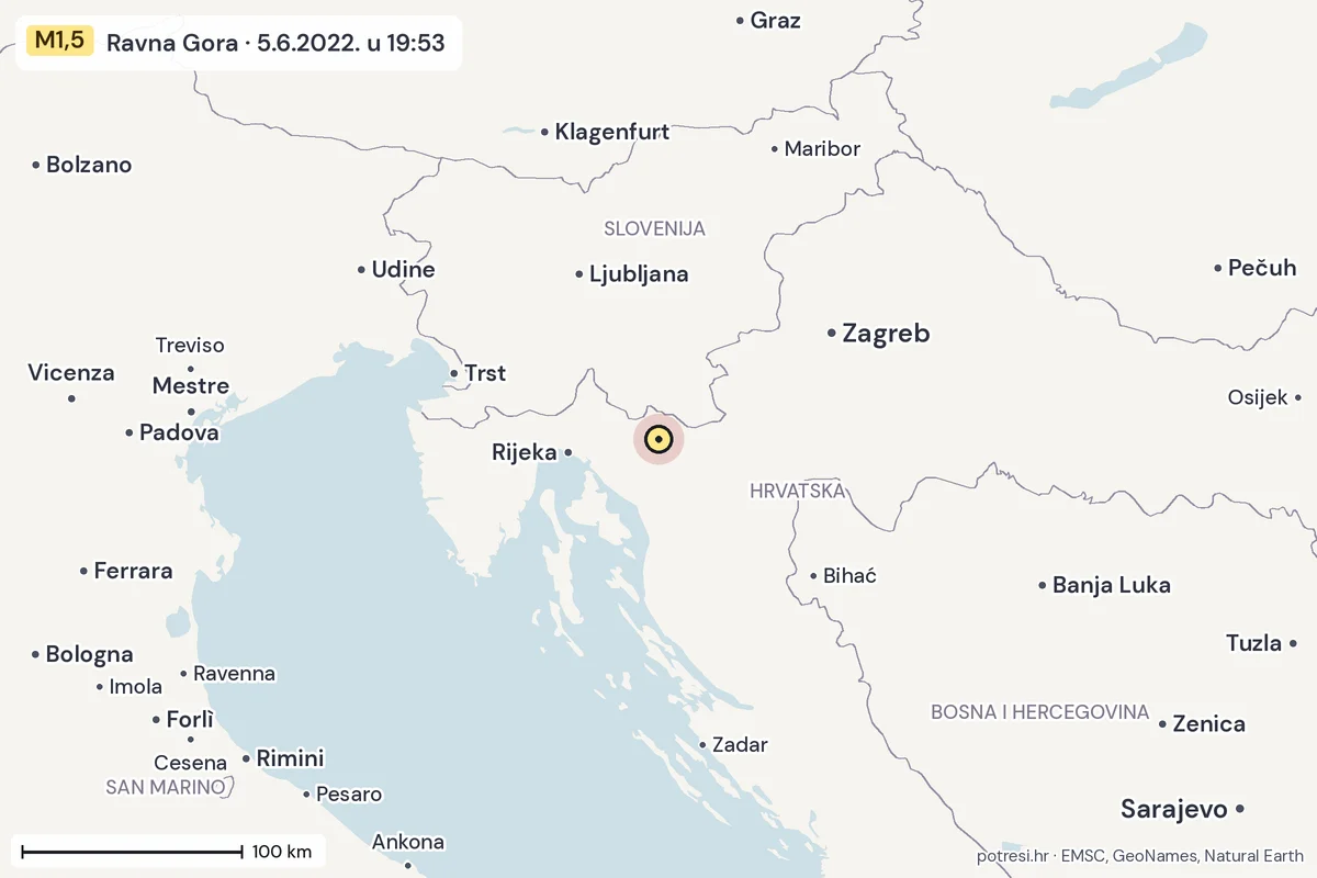 Karta: šire područje, 600 km, potres M1,5, Ravna Gora, 5.6.2022.