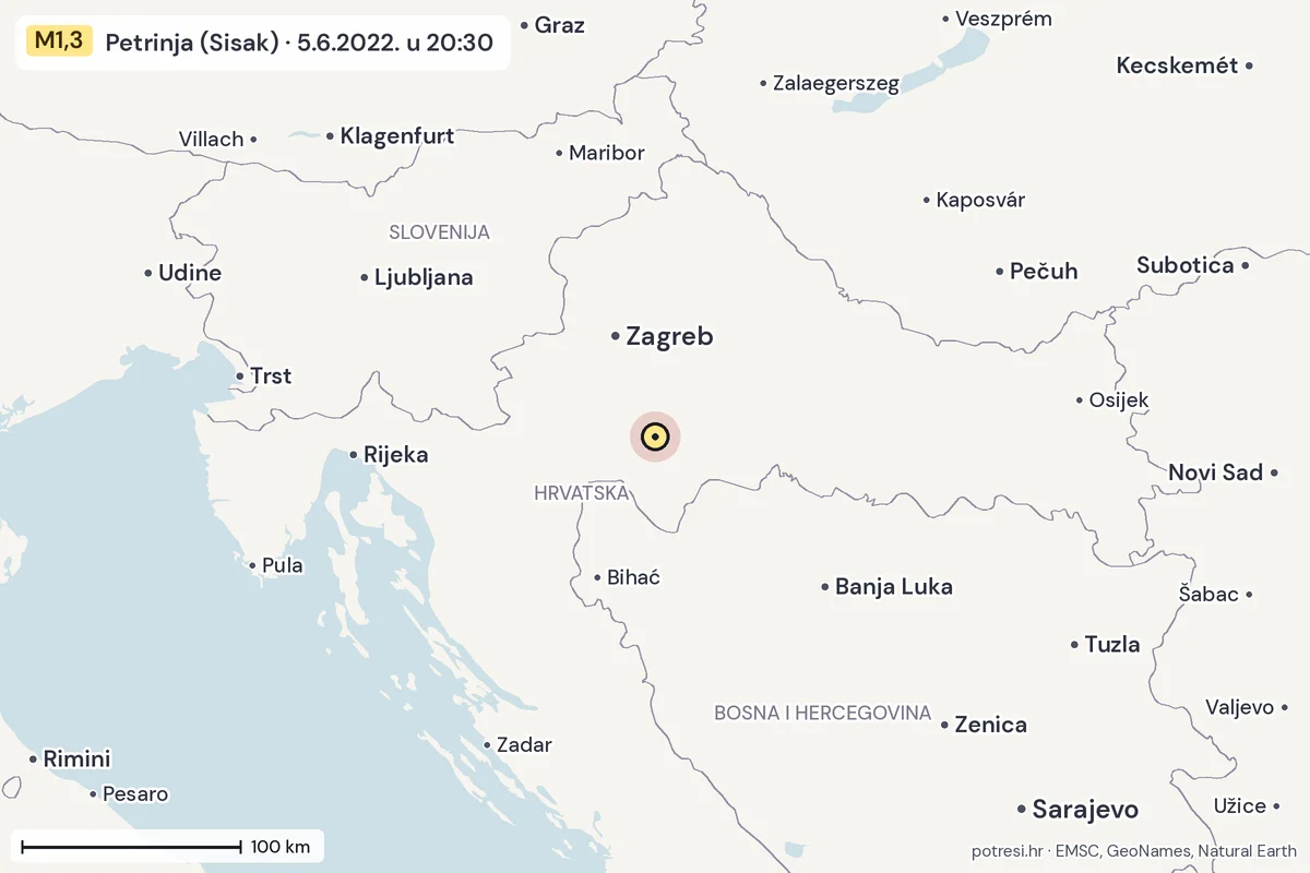 Karta: šire područje, 600 km, potres M1,3, Petrinja (Sisak), 5.6.2022.