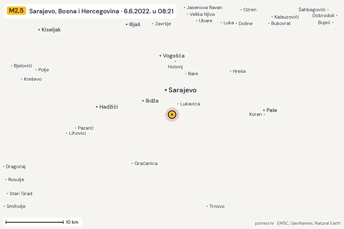 Karta: okolica epicentra, 60 km, potres M2,5, Sarajevo, Bosna i Hercegovina, 6.6.2022.