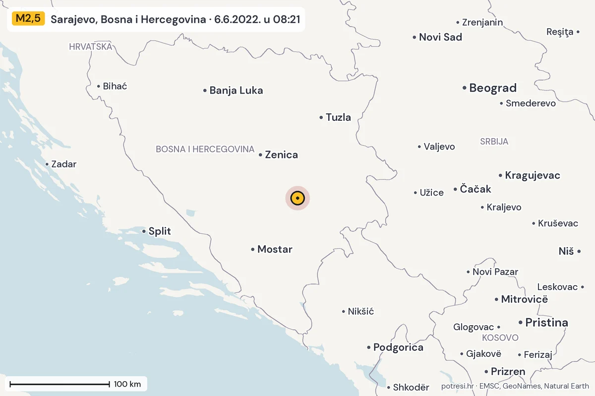 Karta: šire područje, 600 km, potres M2,5, Sarajevo, Bosna i Hercegovina, 6.6.2022.