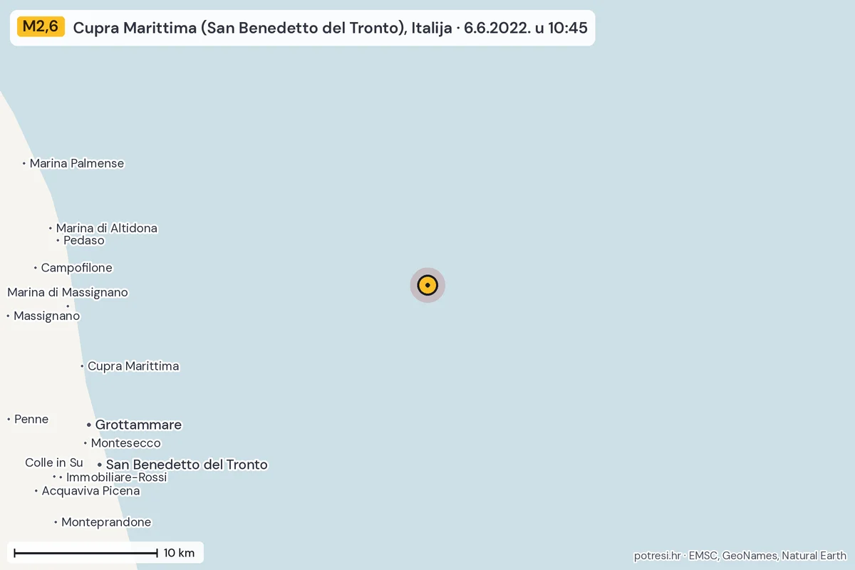 Karta: okolica epicentra, 60 km, potres M2,6, Cupra Marittima (San Benedetto del Tronto), Italija, 6.6.2022.