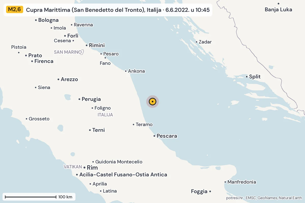Karta: šire područje, 600 km, potres M2,6, Cupra Marittima (San Benedetto del Tronto), Italija, 6.6.2022.