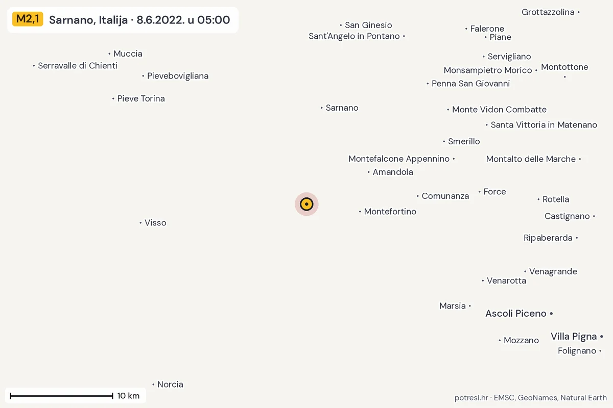 Karta: okolica epicentra, 60 km, potres M2,1, Sarnano, Italija, 8.6.2022.
