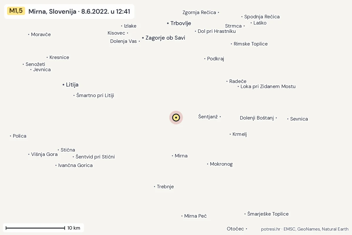 Karta: okolica epicentra, 60 km, potres M1,5, Mirna, Slovenija, 8.6.2022.