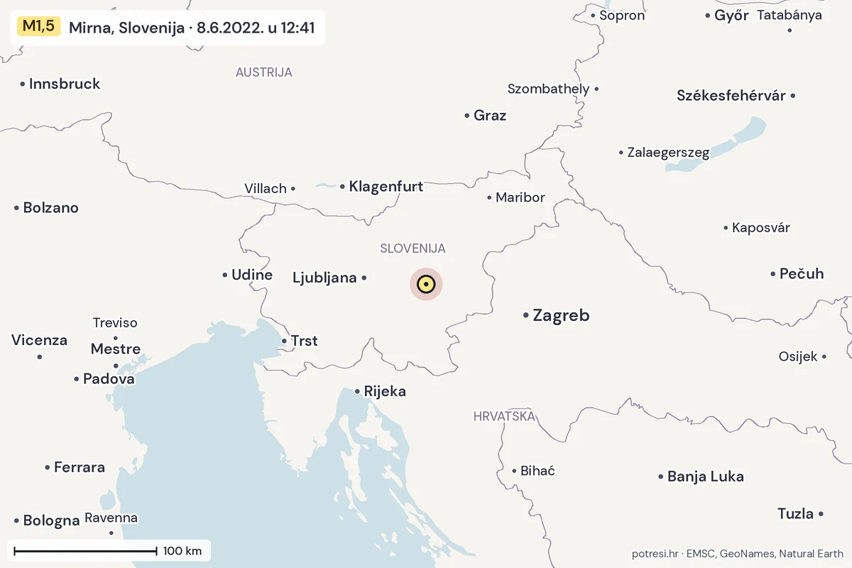 Karta: šire područje, 600 km, potres M1,5, Mirna, Slovenija, 8.6.2022.