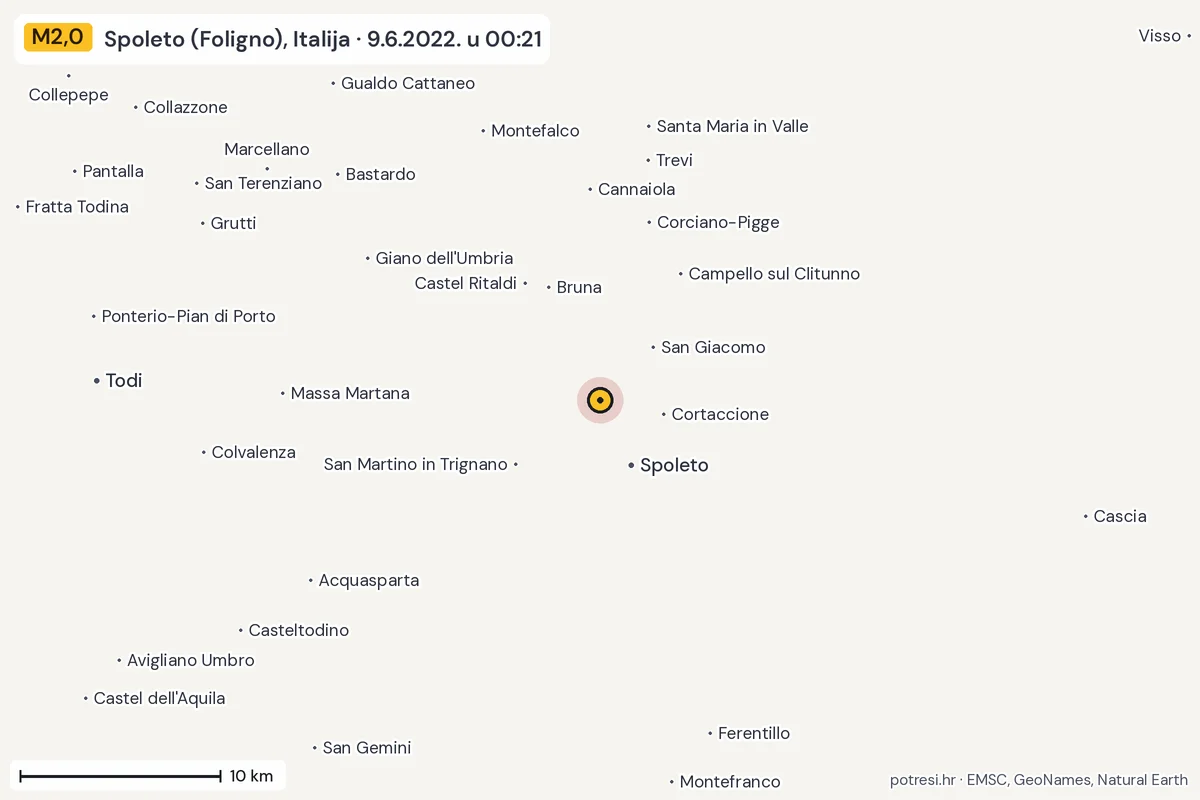 Karta: okolica epicentra, 60 km, potres M2,0, Spoleto (Foligno), Italija, 9.6.2022.