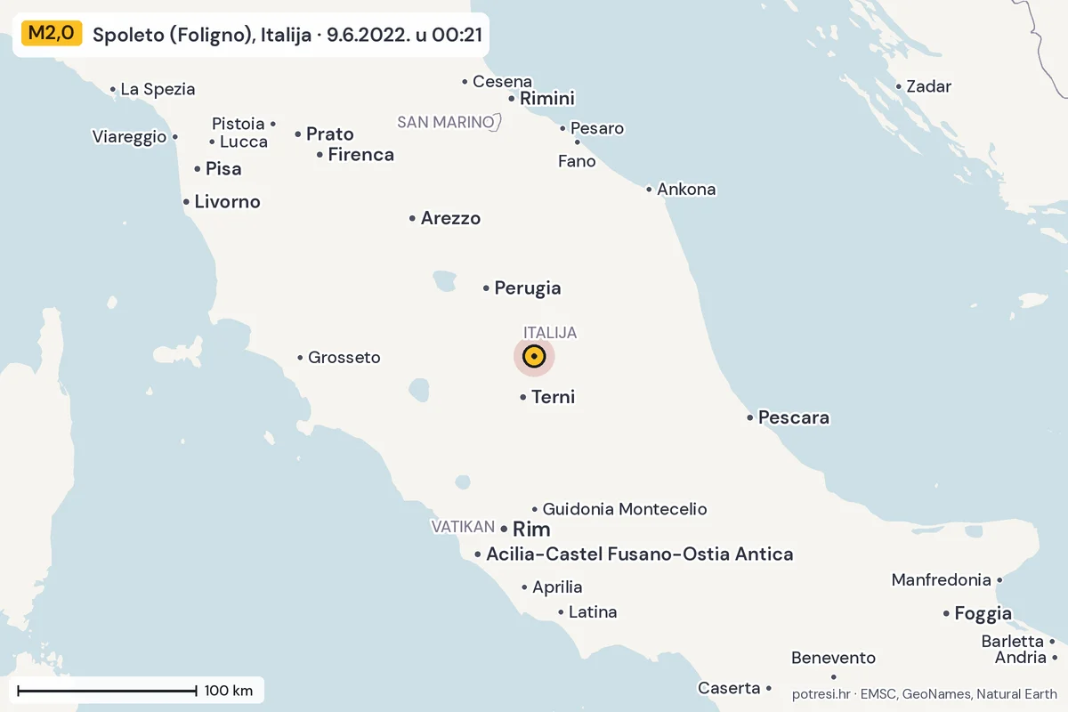 Karta: šire područje, 600 km, potres M2,0, Spoleto (Foligno), Italija, 9.6.2022.