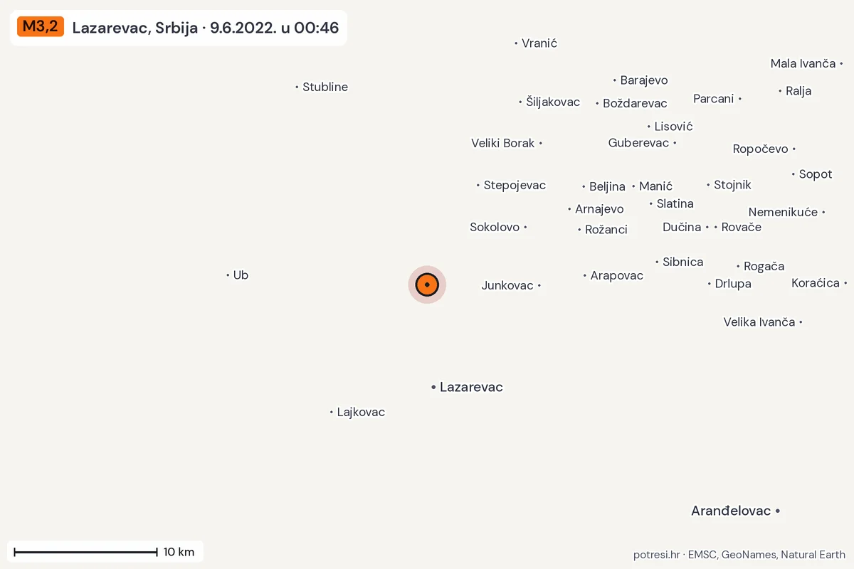 Karta: okolica epicentra, 60 km, potres M3,2, Lazarevac, Srbija, 9.6.2022.