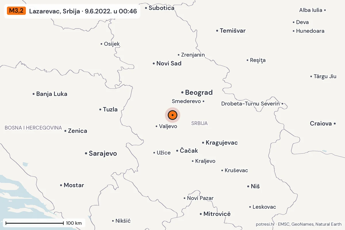 Karta: šire područje, 600 km, potres M3,2, Lazarevac, Srbija, 9.6.2022.