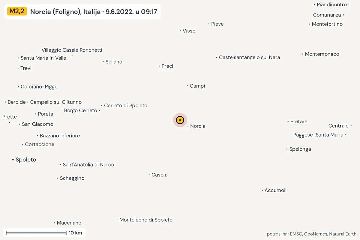 Karta: okolica epicentra, 60 km, potres M2,2, Norcia (Foligno), Italija, 9.6.2022.