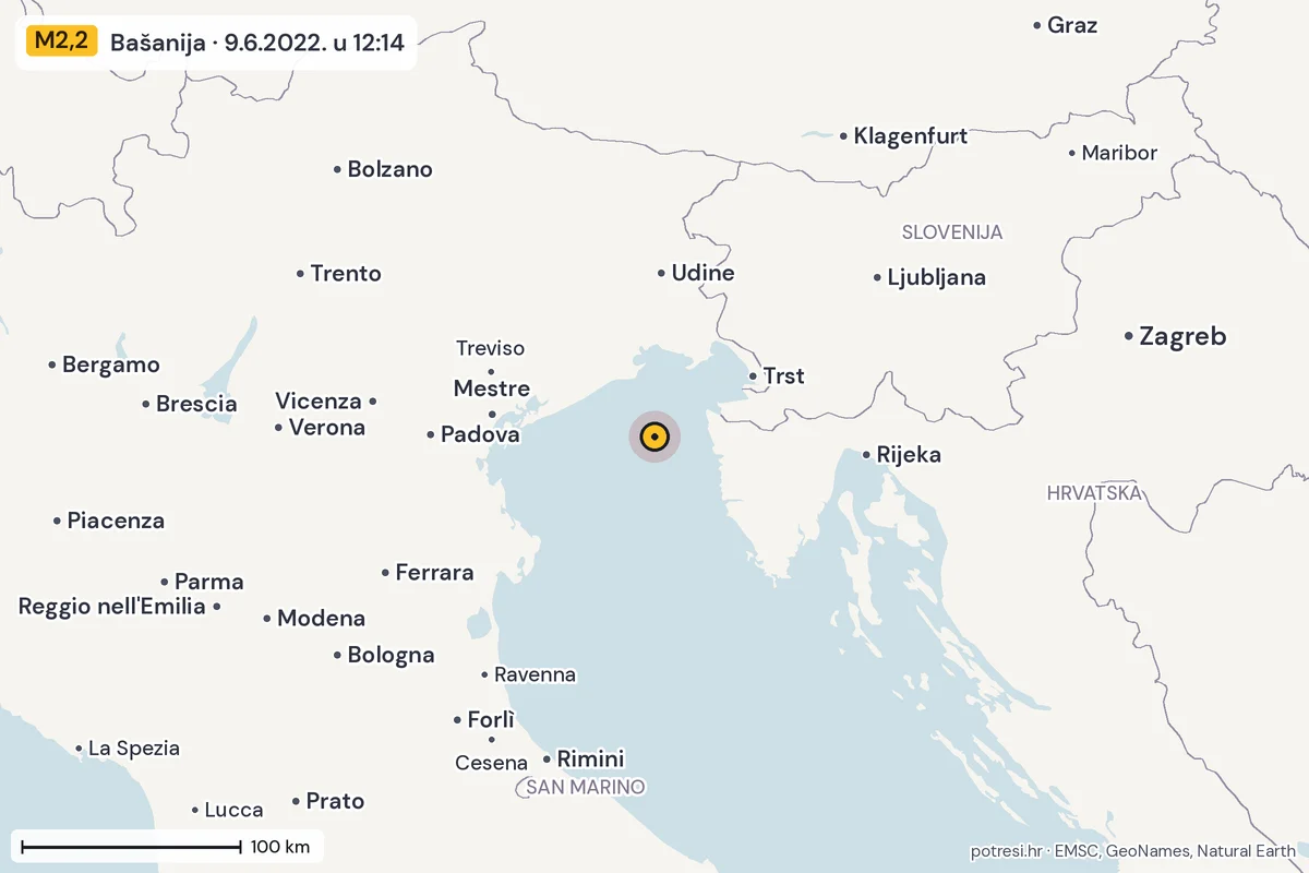Karta: šire područje, 600 km, potres M2,2, Bašanija, 9.6.2022.
