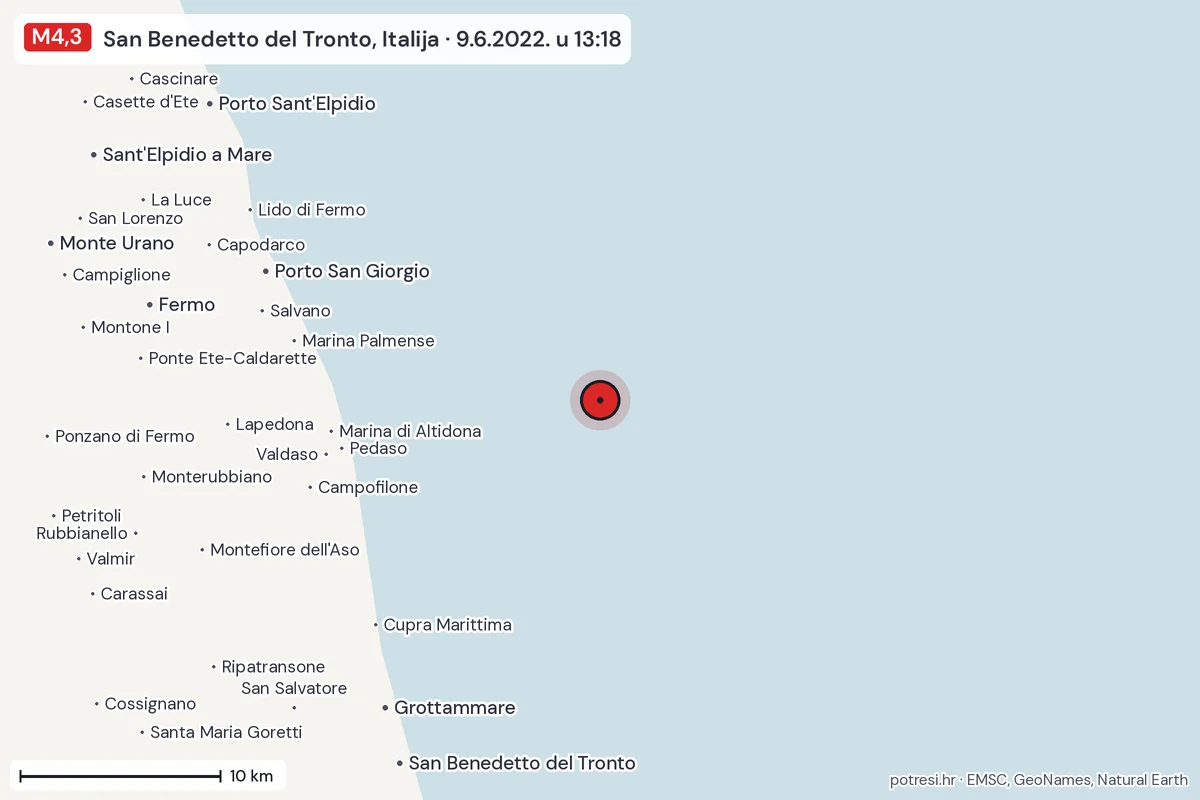 Karta: okolica epicentra, 60 km, potres M4,3, San Benedetto del Tronto, Italija, 9.6.2022.