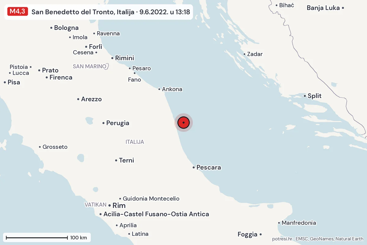 Karta: šire područje, 600 km, potres M4,3, San Benedetto del Tronto, Italija, 9.6.2022.
