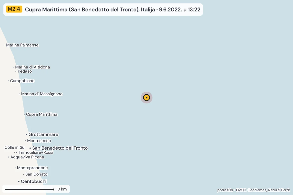Karta: okolica epicentra, 60 km, potres M2,4, Cupra Marittima (San Benedetto del Tronto), Italija, 9.6.2022.