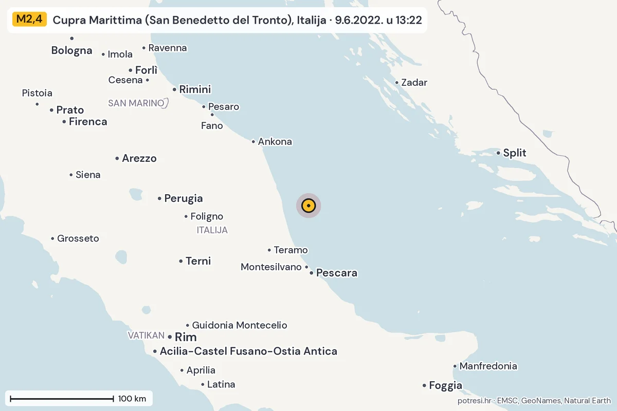 Karta: šire područje, 600 km, potres M2,4, Cupra Marittima (San Benedetto del Tronto), Italija, 9.6.2022.