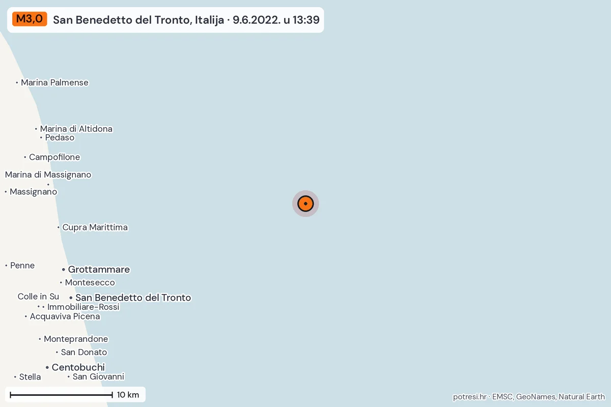 Karta: okolica epicentra, 60 km, potres M3,0, San Benedetto del Tronto, Italija, 9.6.2022.