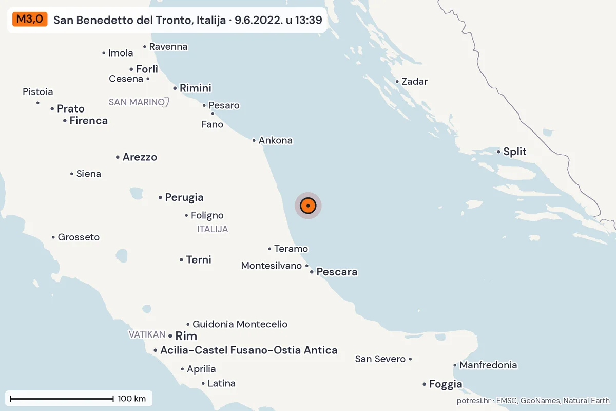 Karta: šire područje, 600 km, potres M3,0, San Benedetto del Tronto, Italija, 9.6.2022.