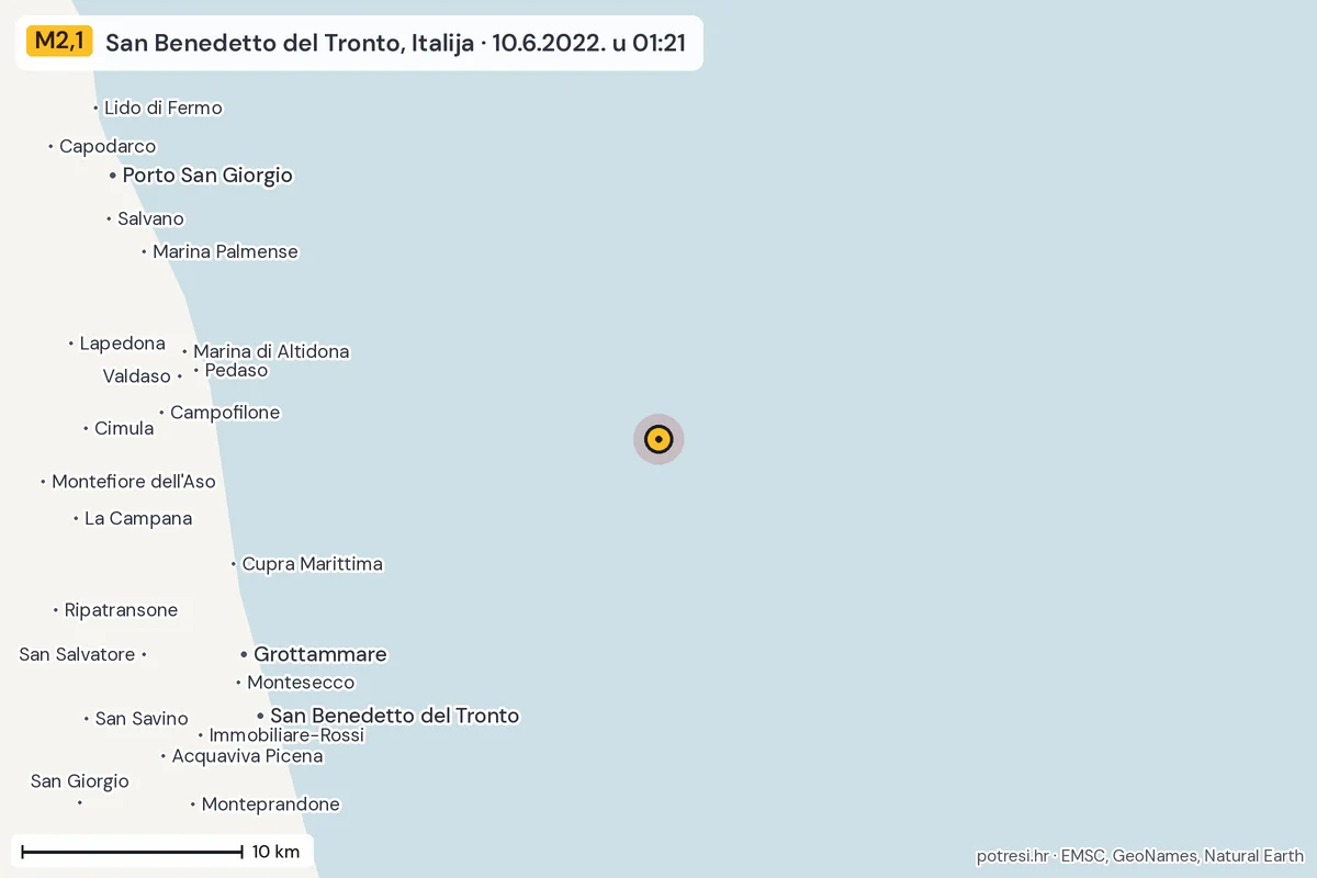 Karta: okolica epicentra, 60 km, potres M2,1, San Benedetto del Tronto, Italija, 10.6.2022.