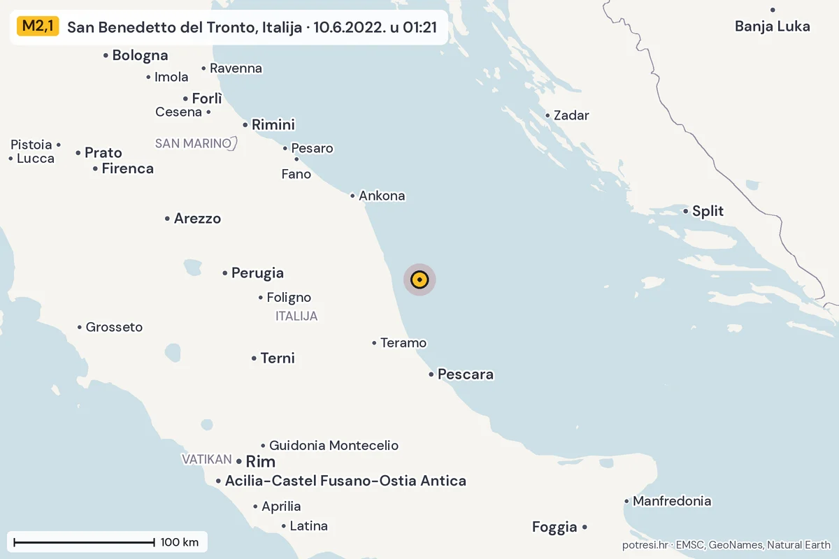 Karta: šire područje, 600 km, potres M2,1, San Benedetto del Tronto, Italija, 10.6.2022.