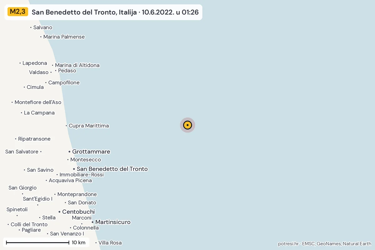 Karta: okolica epicentra, 60 km, potres M2,3, San Benedetto del Tronto, Italija, 10.6.2022.