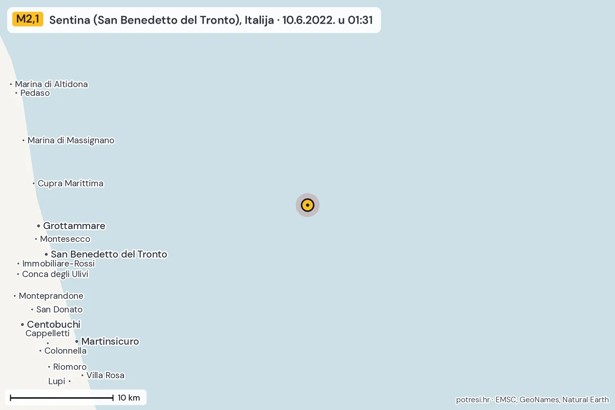 Karta: okolica epicentra, 60 km, potres M2,1, Sentina (San Benedetto del Tronto), Italija, 10.6.2022.