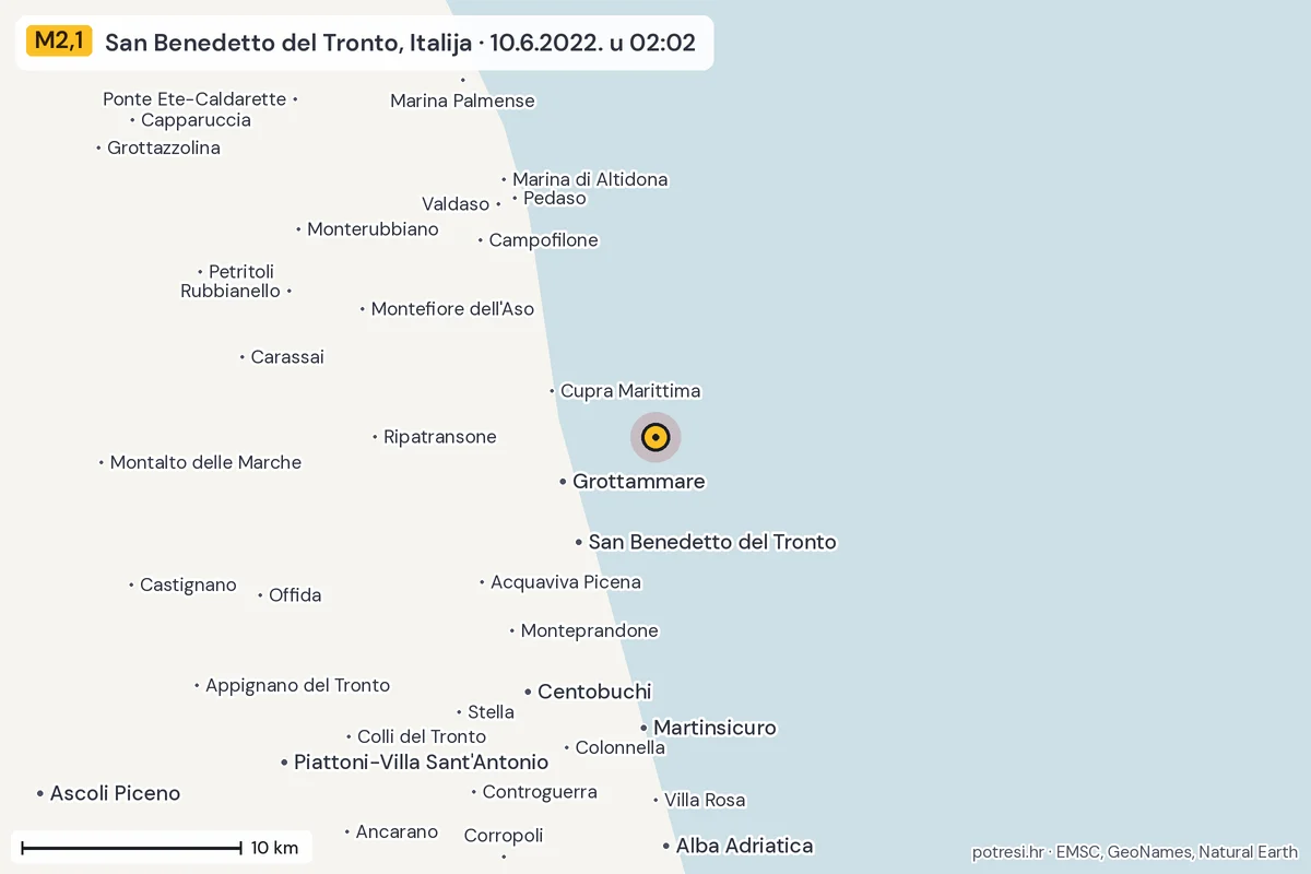 Karta: okolica epicentra, 60 km, potres M2,1, San Benedetto del Tronto, Italija, 10.6.2022.