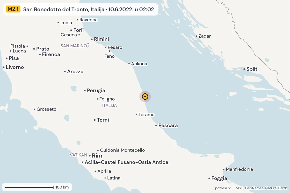 Karta: šire područje, 600 km, potres M2,1, San Benedetto del Tronto, Italija, 10.6.2022.