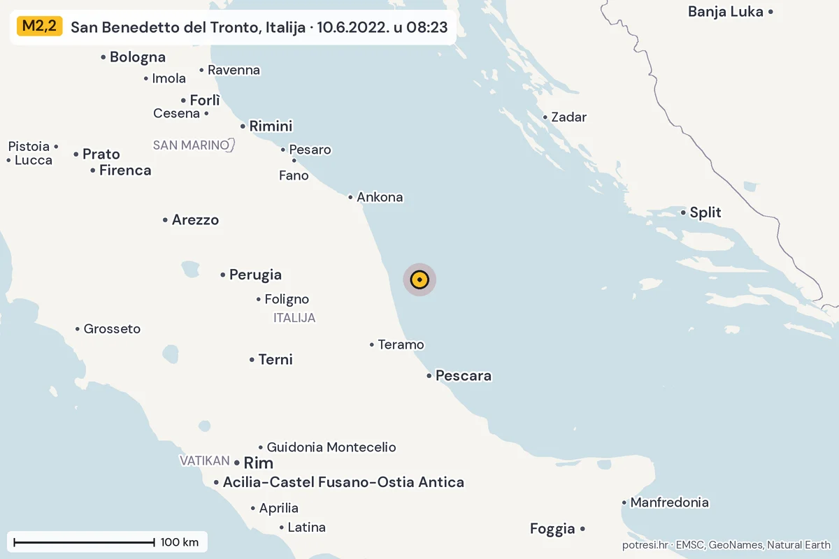 Karta: šire područje, 600 km, potres M2,2, San Benedetto del Tronto, Italija, 10.6.2022.