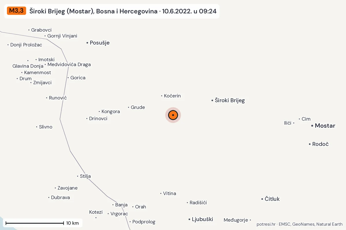 Karta: okolica epicentra, 60 km, potres M3,3, Široki Brijeg (Mostar), Bosna i Hercegovina, 10.6.2022.