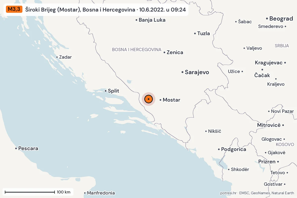Karta: šire područje, 600 km, potres M3,3, Široki Brijeg (Mostar), Bosna i Hercegovina, 10.6.2022.