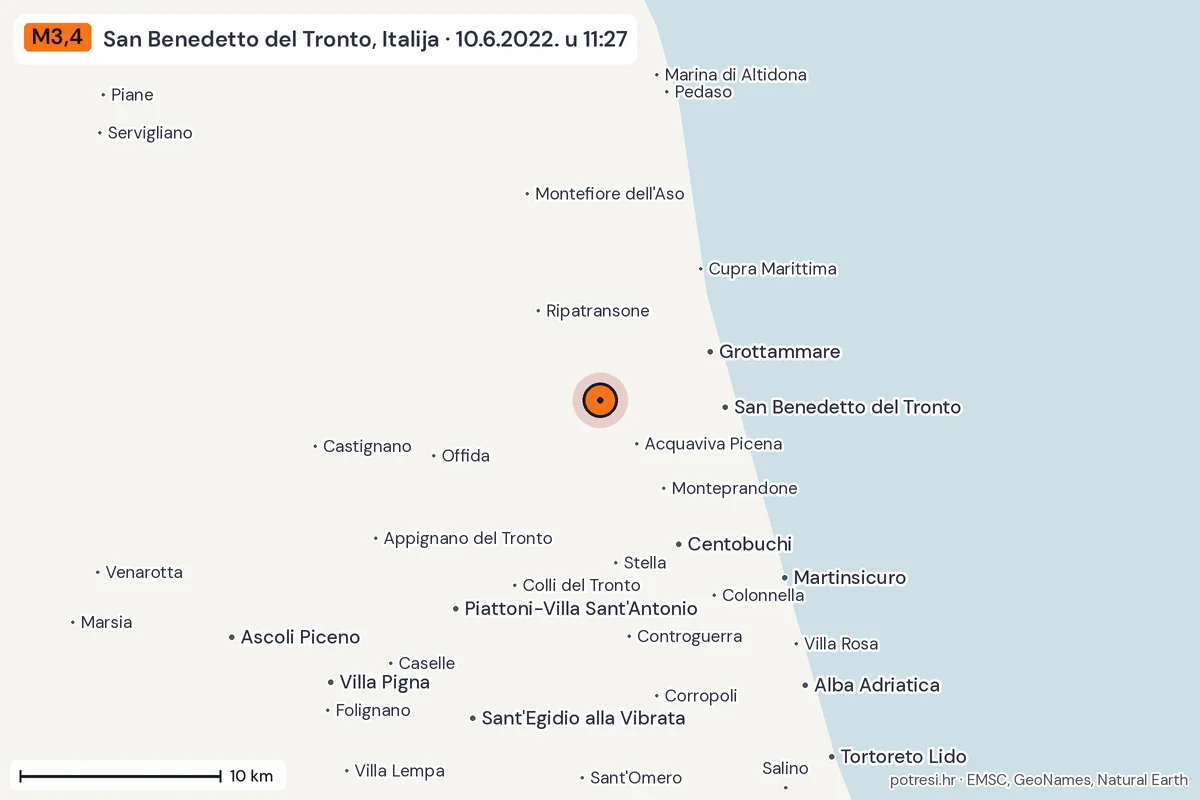 Karta: okolica epicentra, 60 km, potres M3,4, San Benedetto del Tronto, Italija, 10.6.2022.