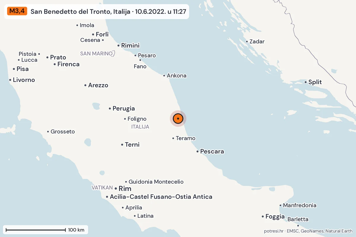 Karta: šire područje, 600 km, potres M3,4, San Benedetto del Tronto, Italija, 10.6.2022.