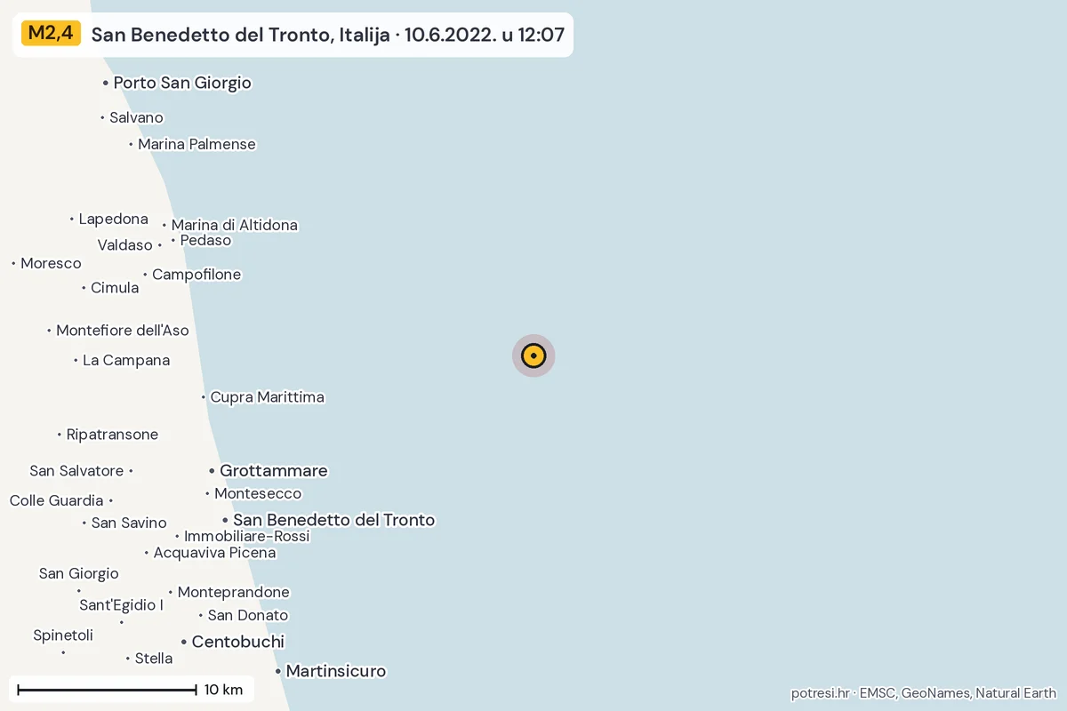 Karta: okolica epicentra, 60 km, potres M2,4, San Benedetto del Tronto, Italija, 10.6.2022.