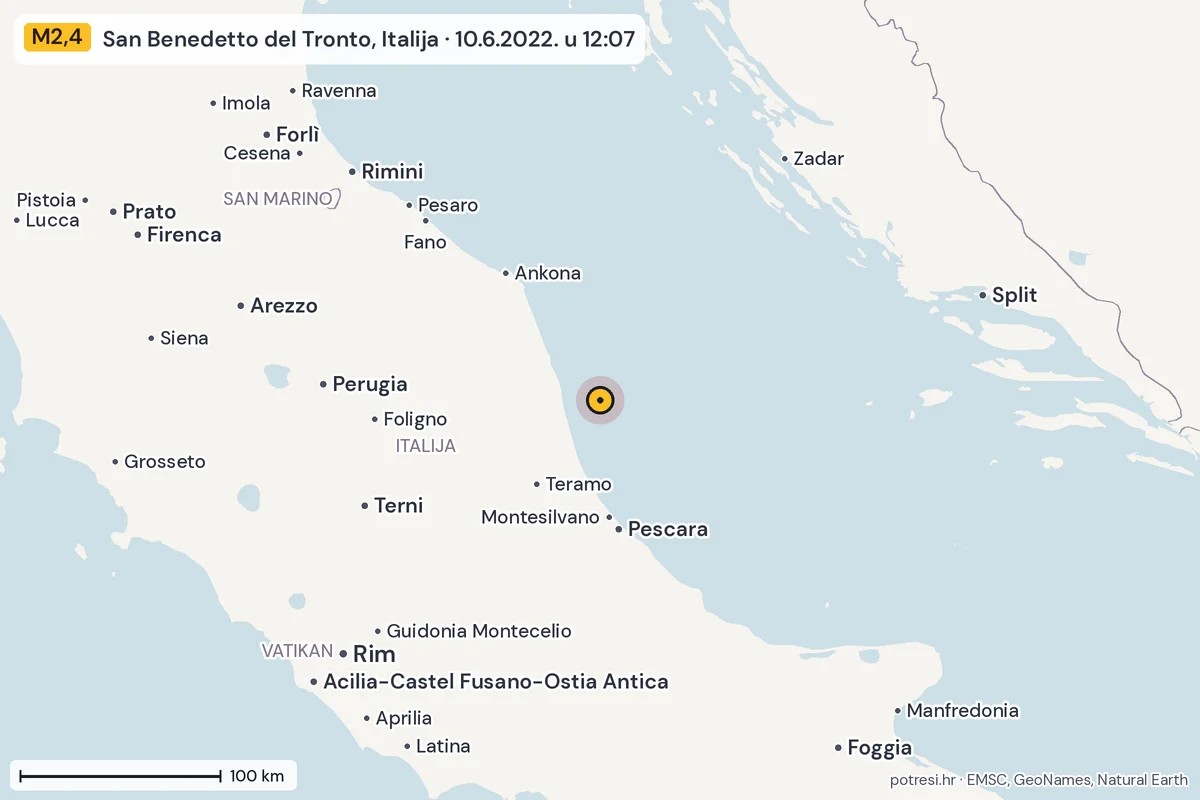 Karta: šire područje, 600 km, potres M2,4, San Benedetto del Tronto, Italija, 10.6.2022.